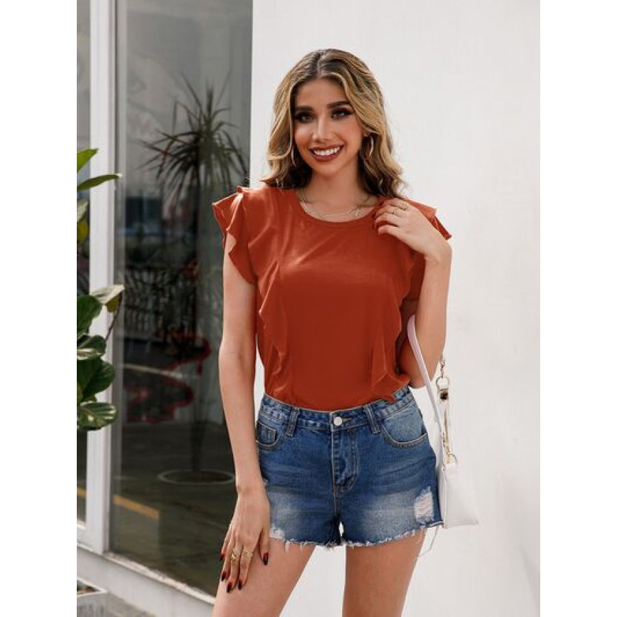 Ruffled Round Neck Cap Sleeve T - Shirt Apparel and Accessories