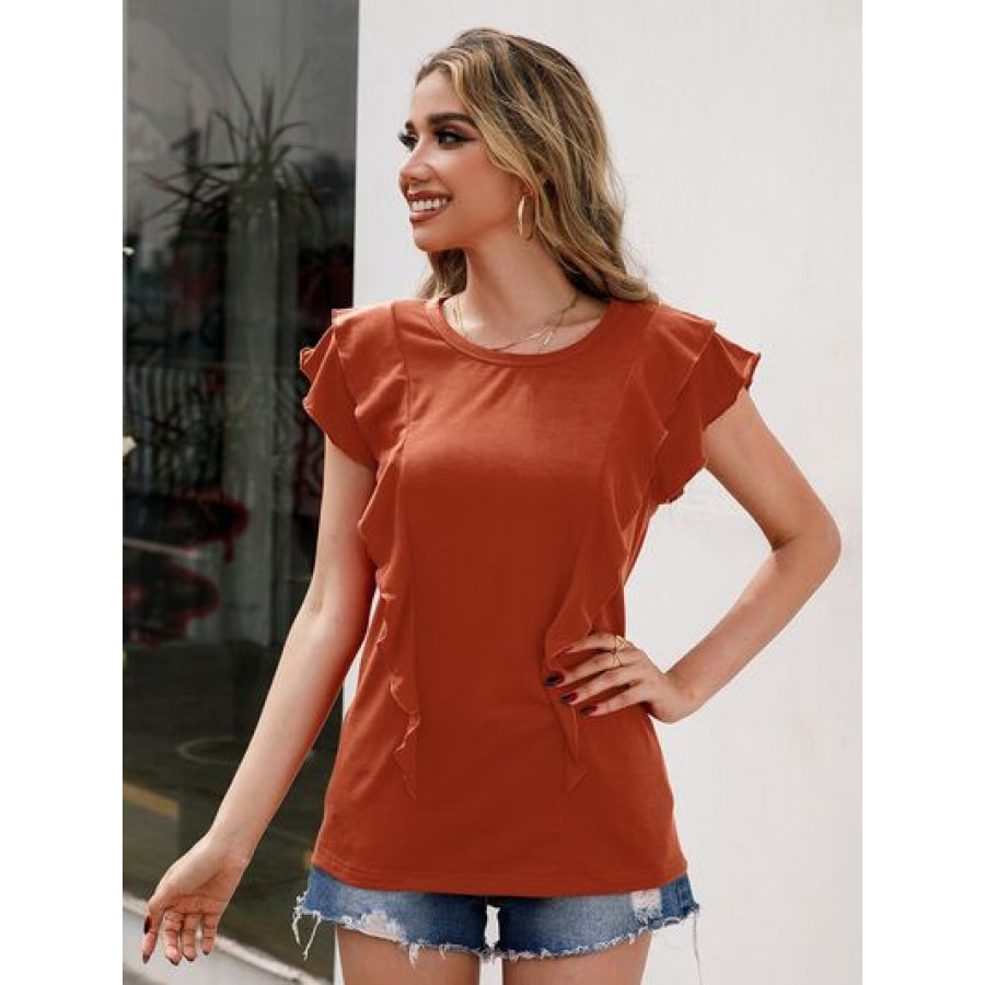 Ruffled Round Neck Cap Sleeve T - Shirt Apparel and Accessories