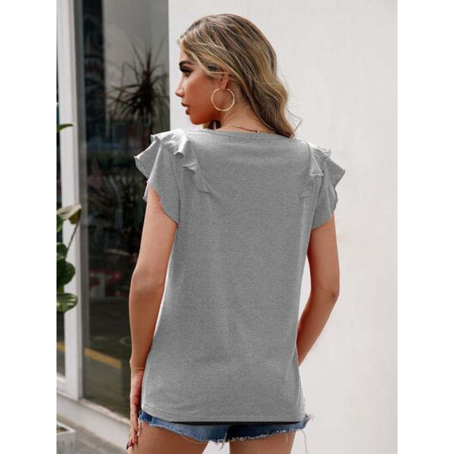 Ruffled Round Neck Cap Sleeve T - Shirt Apparel and Accessories