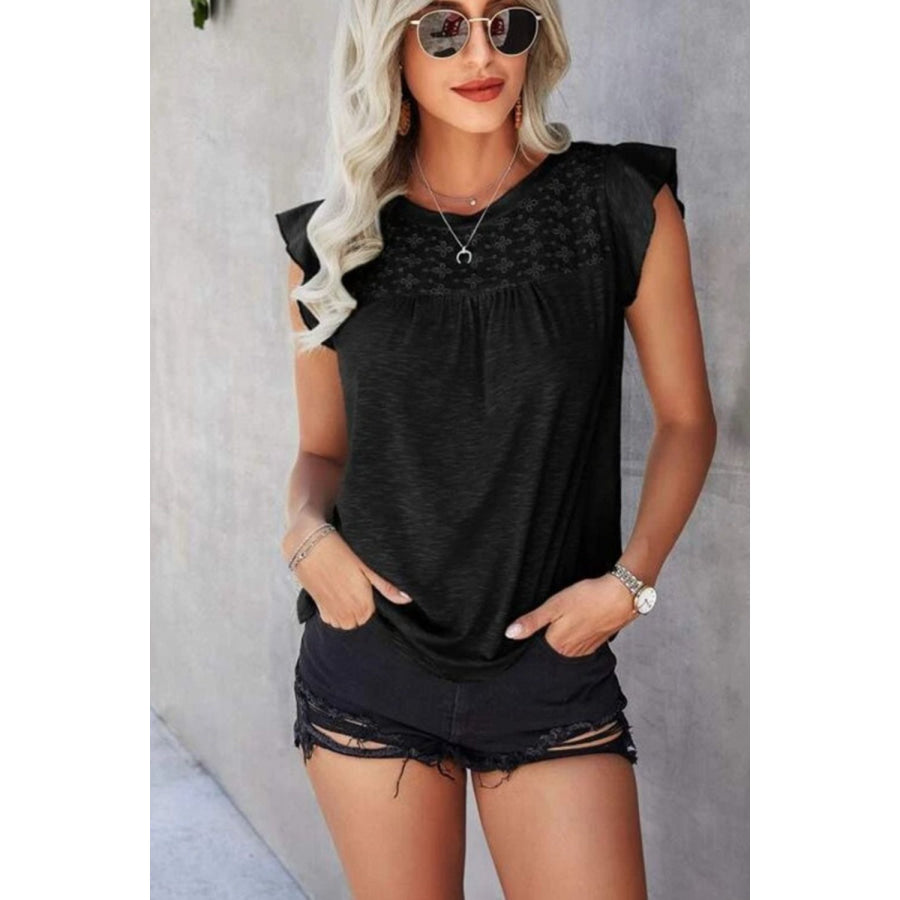 Ruffled Round Neck Cap Sleeve T - Shirt Black / S Apparel and Accessories