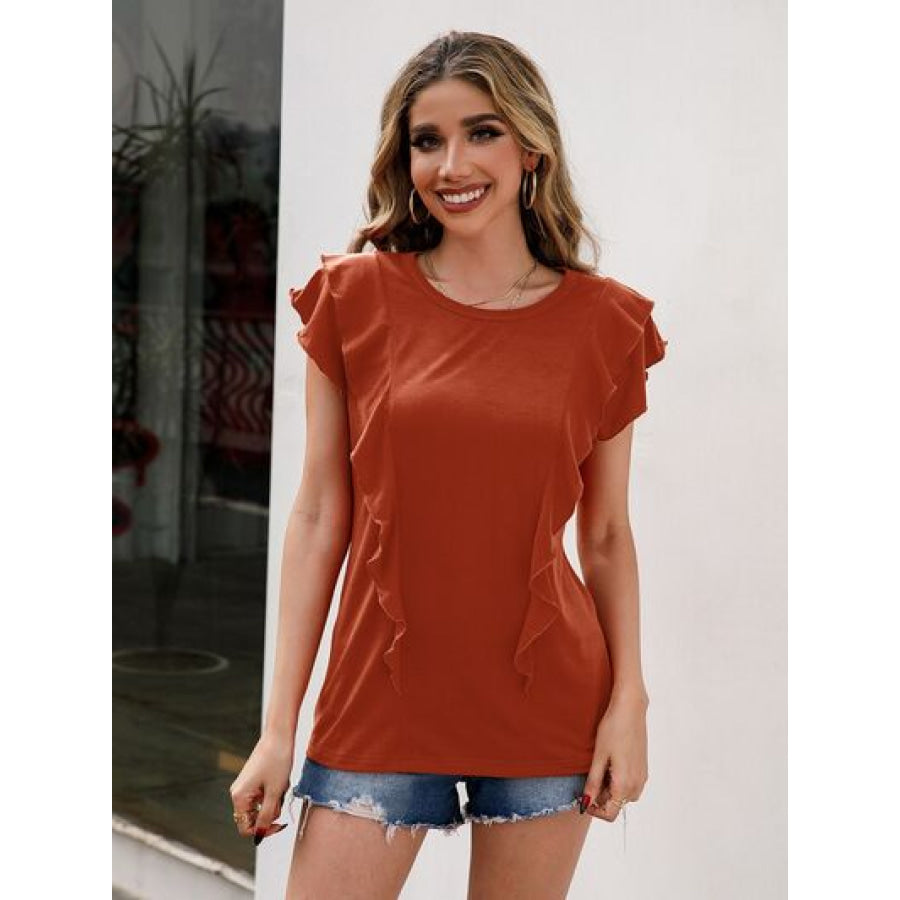 Ruffled Round Neck Cap Sleeve T - Shirt Brick Red / S Apparel and Accessories