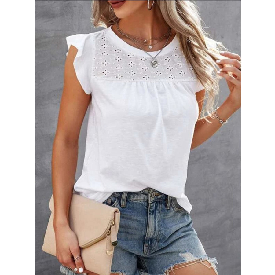 Ruffled Round Neck Cap Sleeve T - Shirt White / S Apparel and Accessories