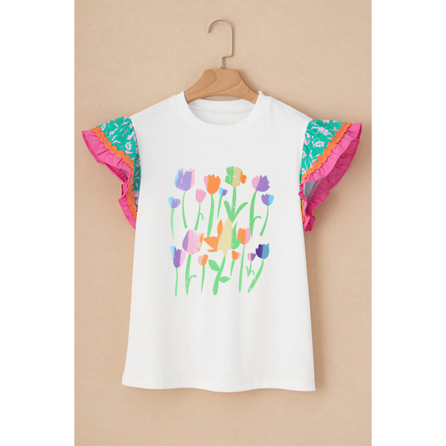 Ruffled Round Neck Cap Sleeve Top Apparel and Accessories