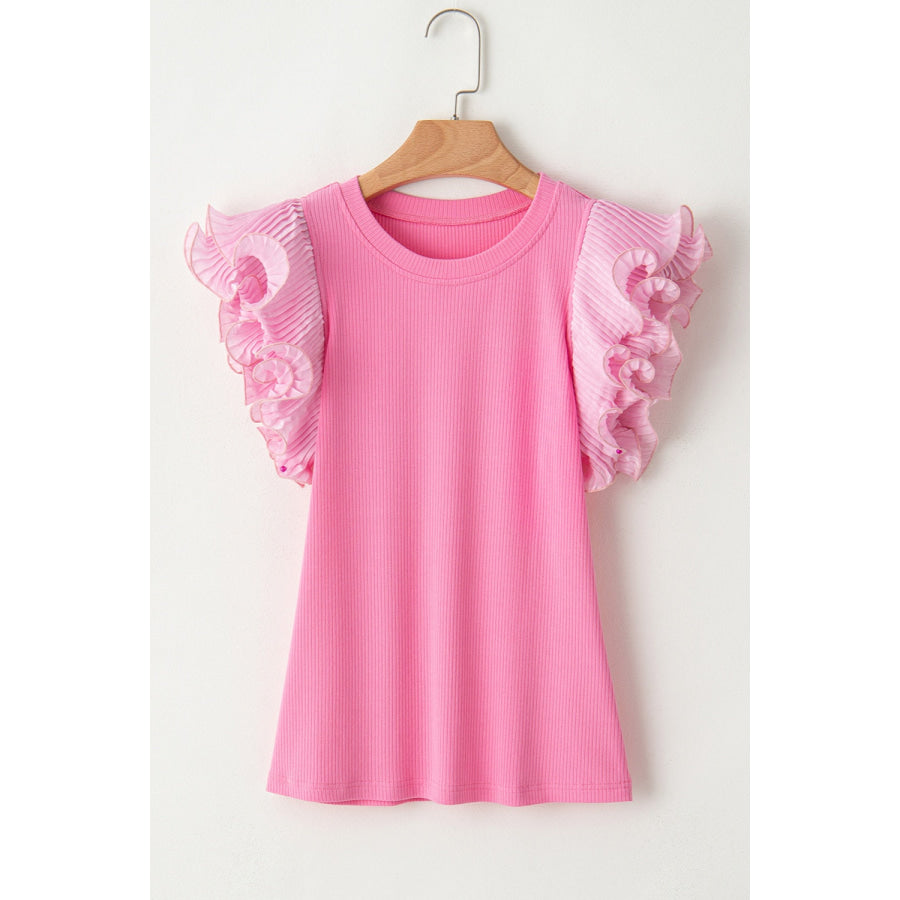 Ruffled Round Neck Cap Sleeve Top Blush Pink / S Apparel and Accessories