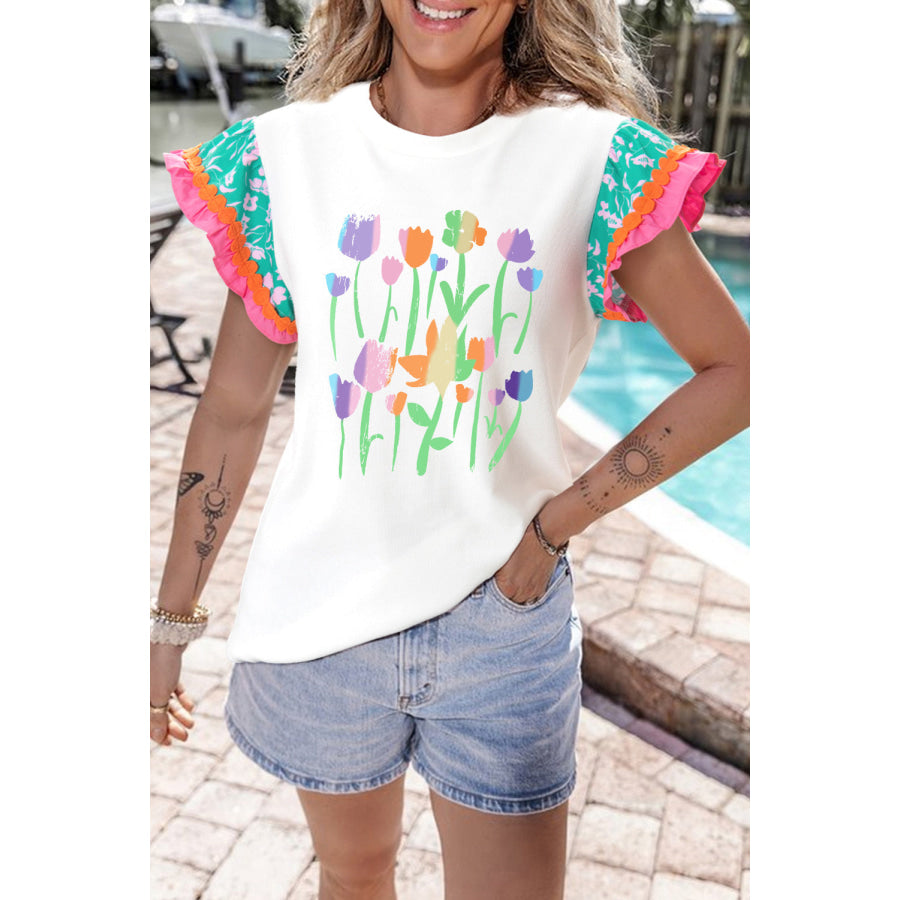 Ruffled Round Neck Cap Sleeve Top White / S Apparel and Accessories