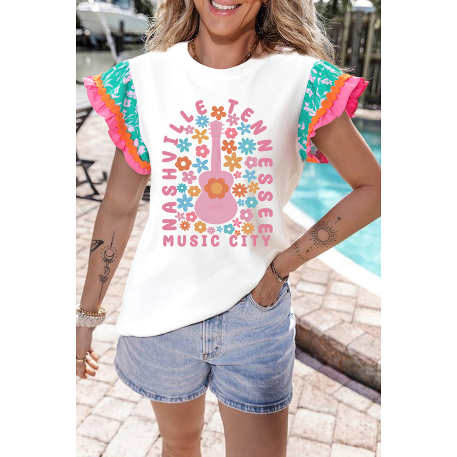 Ruffled Round Neck Cap Sleeve Top White / S Apparel and Accessories