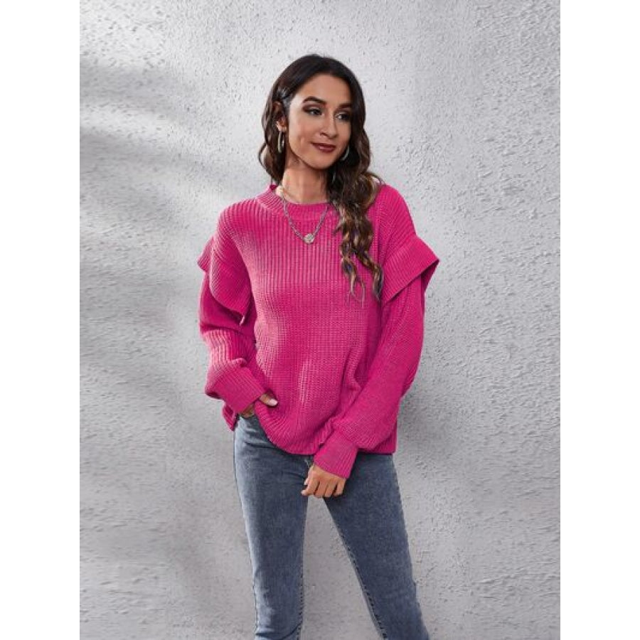 Ruffled Round Neck Dropped Shoulder Sweater Cerise / S Clothing