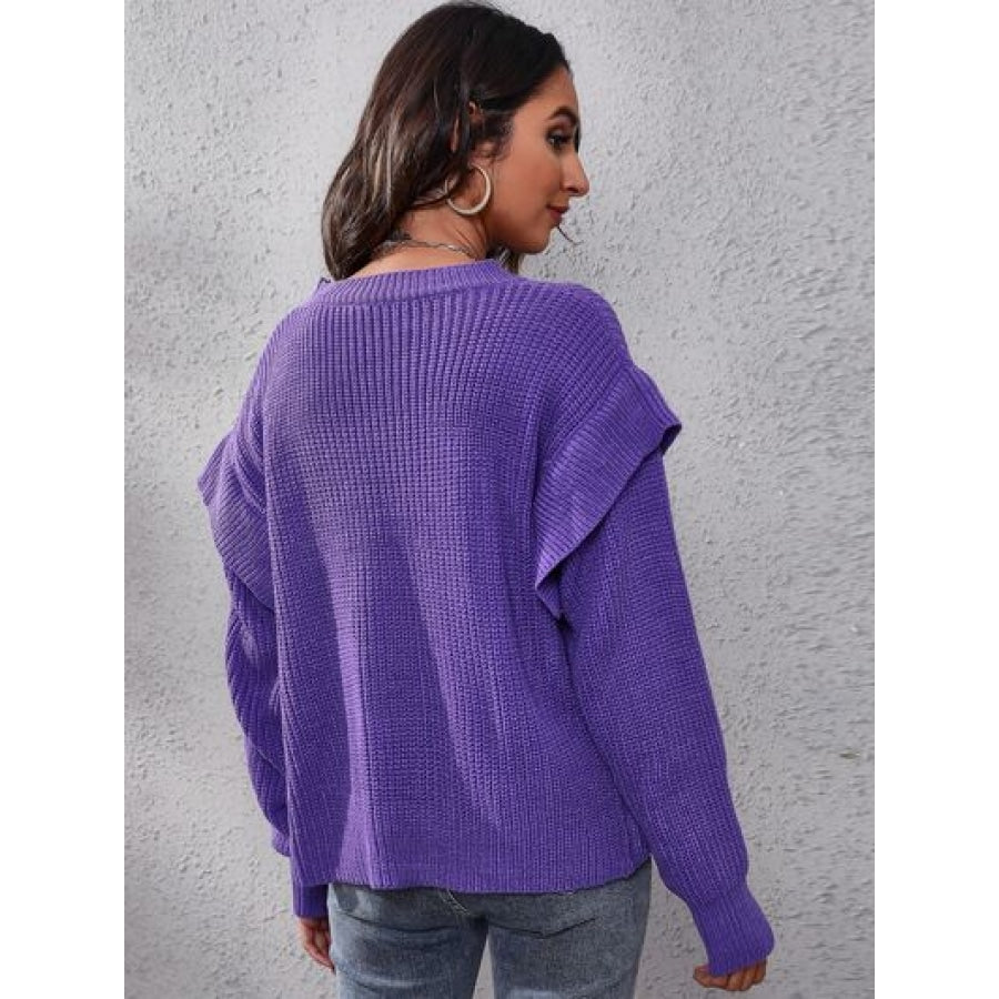 Ruffled Round Neck Dropped Shoulder Sweater Clothing