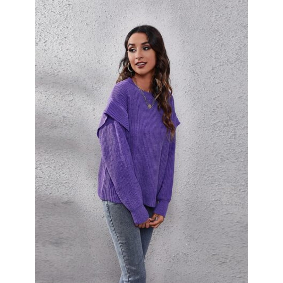 Ruffled Round Neck Dropped Shoulder Sweater Clothing