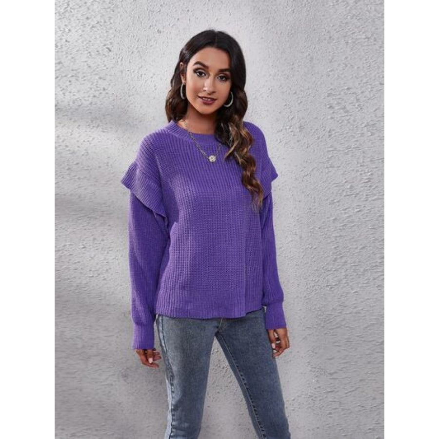 Ruffled Round Neck Dropped Shoulder Sweater Clothing