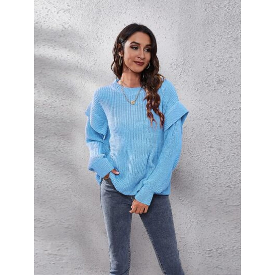 Ruffled Round Neck Dropped Shoulder Sweater Pastel Blue / S Clothing