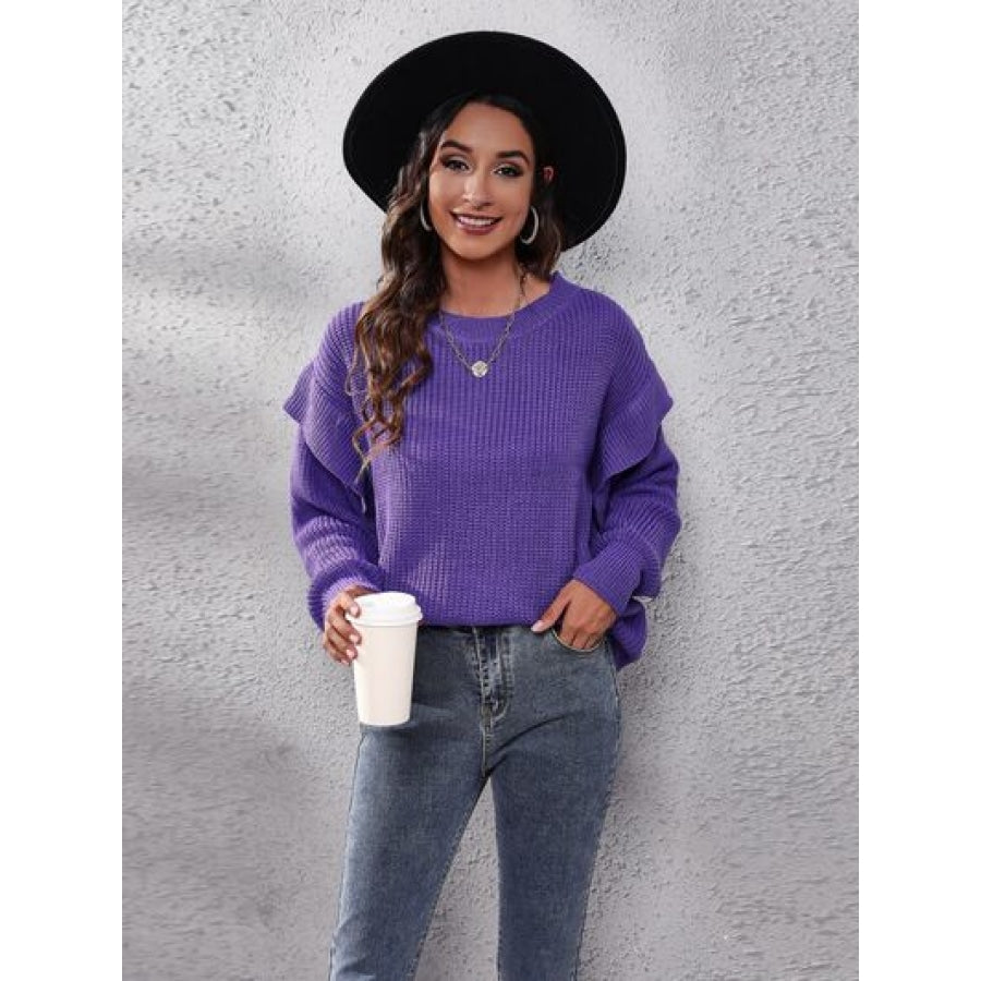 Ruffled Round Neck Dropped Shoulder Sweater Violet / S Clothing