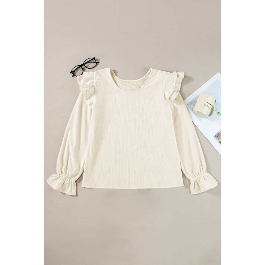 Ruffled Round Neck Flounce Sleeve Top Eggshell / S Apparel and Accessories