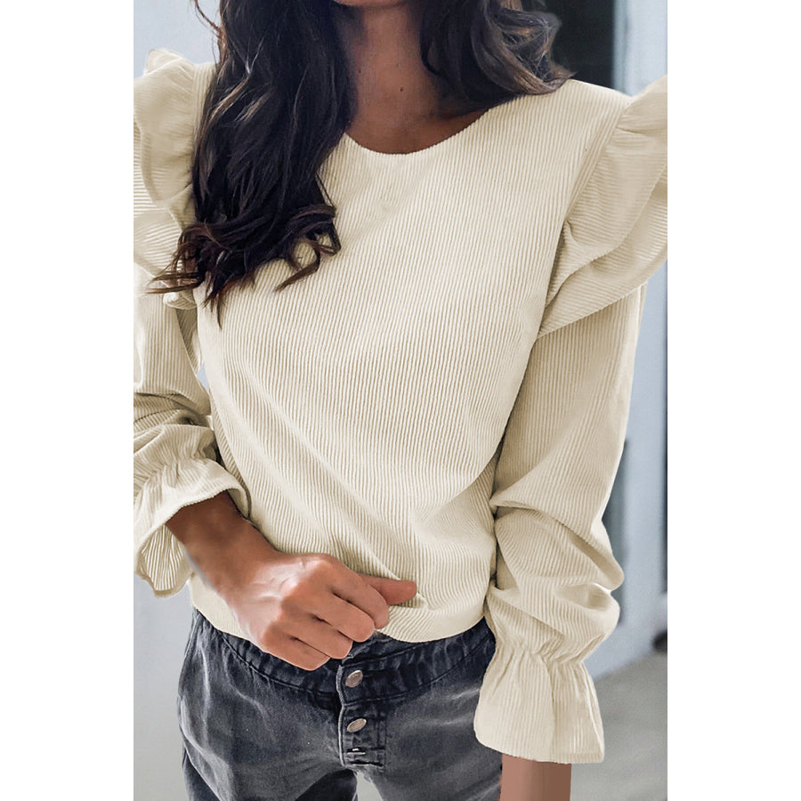 Ruffled Round Neck Flounce Sleeve Top Eggshell / S Apparel and Accessories