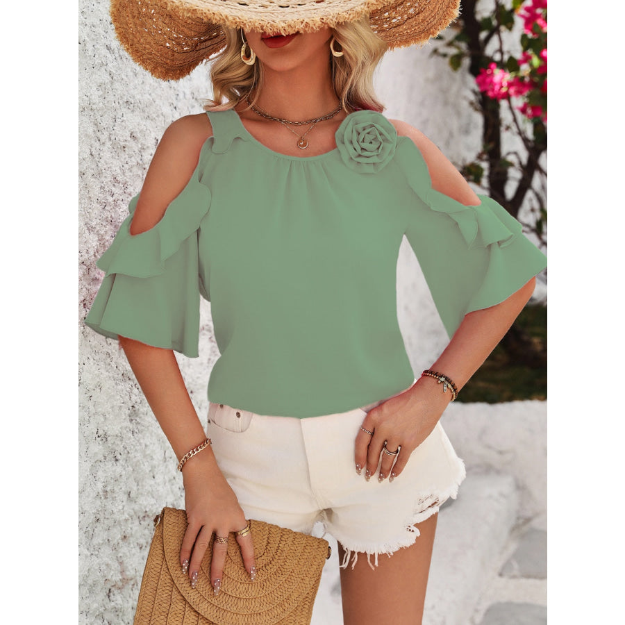 Ruffled Round Neck Half Sleeve Blouse Apparel and Accessories