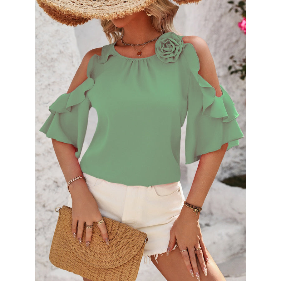 Ruffled Round Neck Half Sleeve Blouse Apparel and Accessories