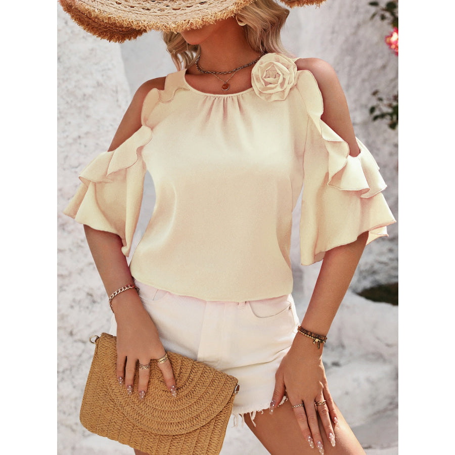 Ruffled Round Neck Half Sleeve Blouse Apparel and Accessories