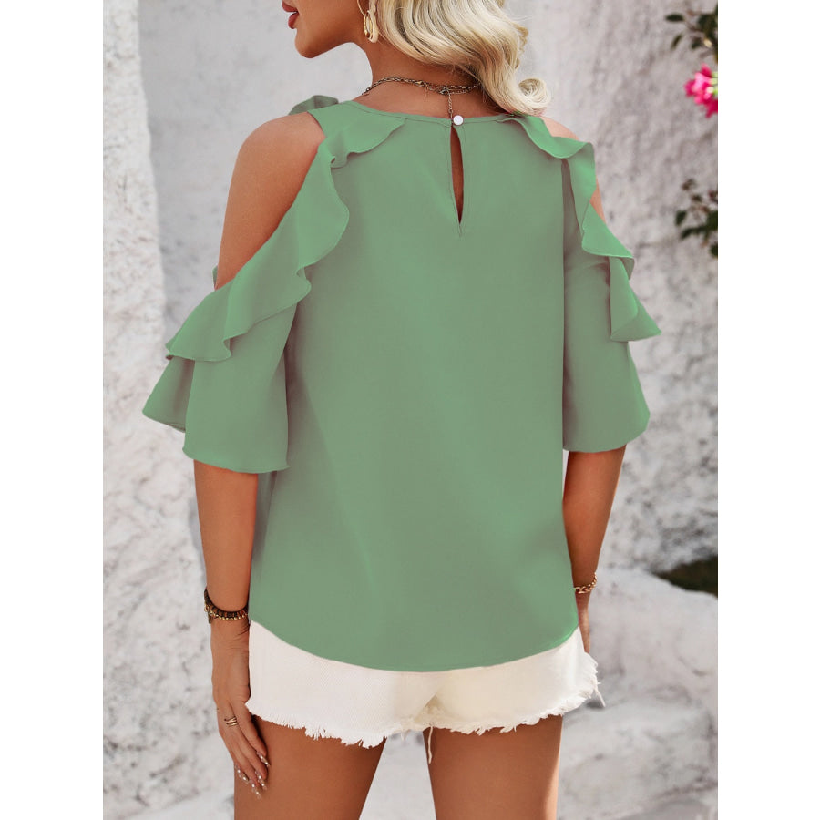 Ruffled Round Neck Half Sleeve Blouse Apparel and Accessories