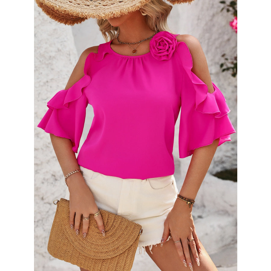 Ruffled Round Neck Half Sleeve Blouse Apparel and Accessories