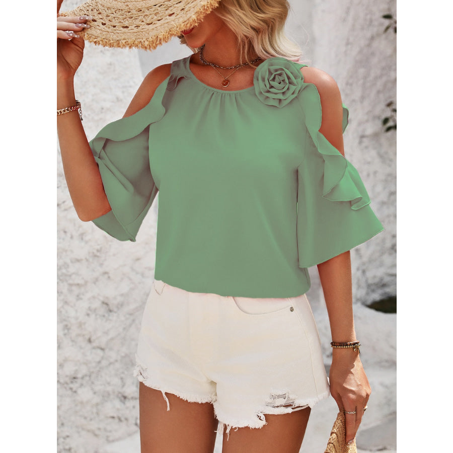 Ruffled Round Neck Half Sleeve Blouse Apparel and Accessories