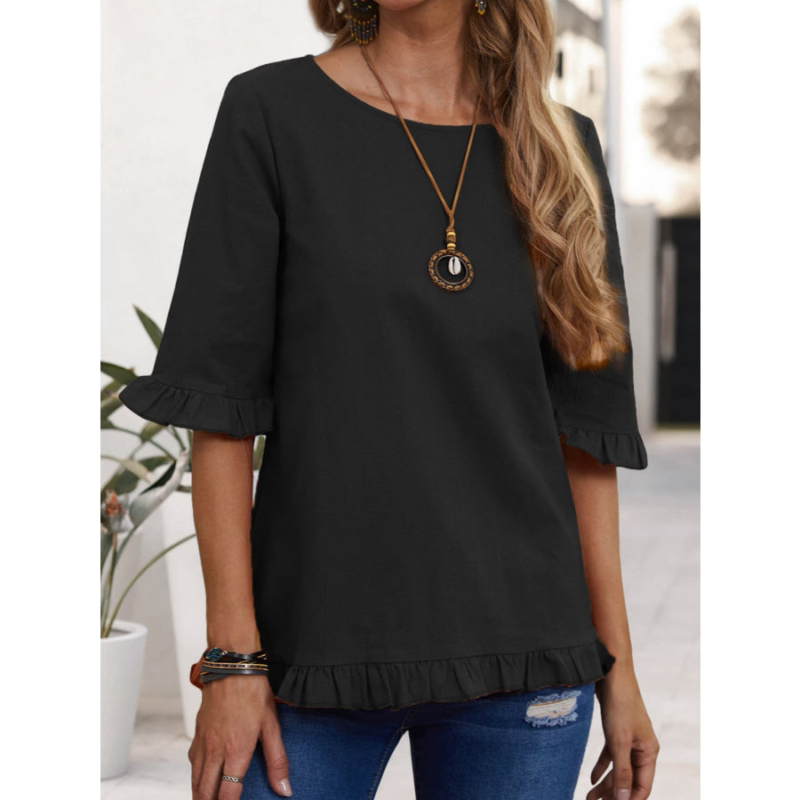 Ruffled Round Neck Half Sleeve Blouse Apparel and Accessories