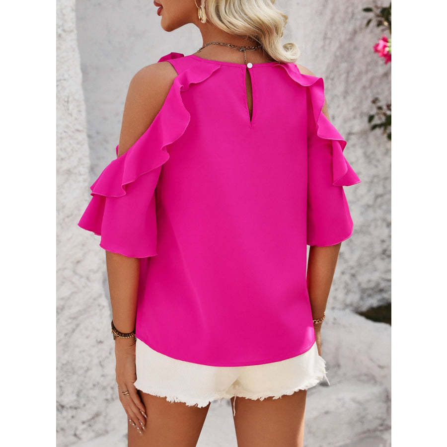 Ruffled Round Neck Half Sleeve Blouse Apparel and Accessories