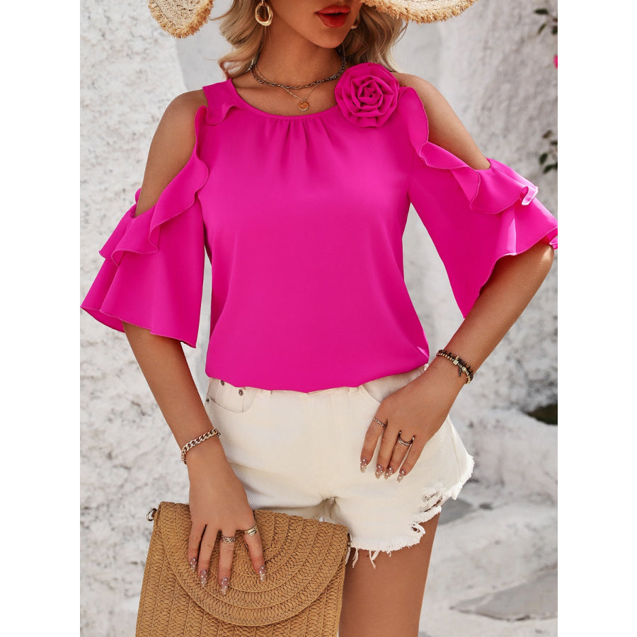 Ruffled Round Neck Half Sleeve Blouse Apparel and Accessories