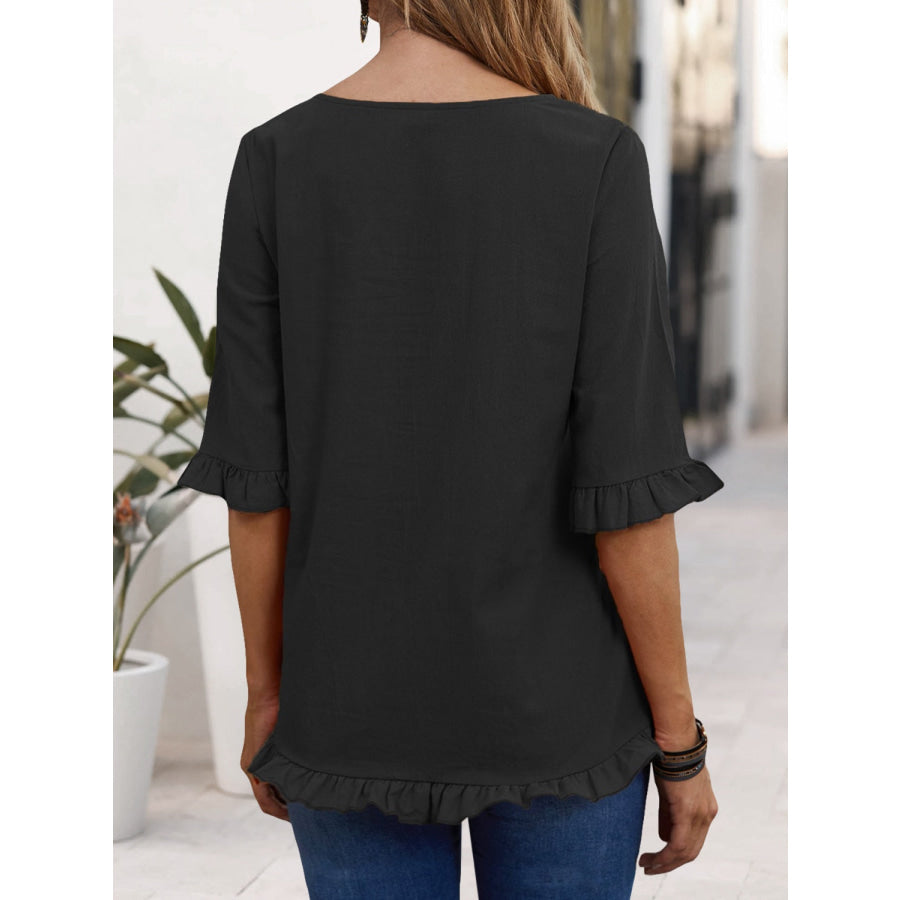 Ruffled Round Neck Half Sleeve Blouse Apparel and Accessories