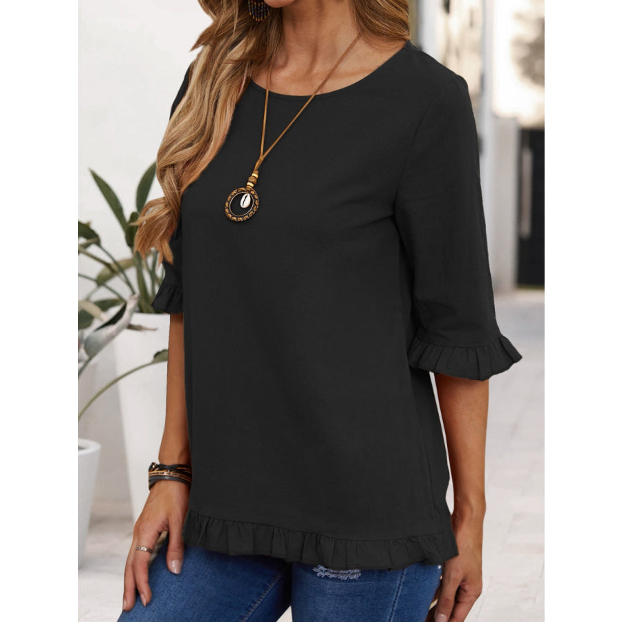 Ruffled Round Neck Half Sleeve Blouse Apparel and Accessories