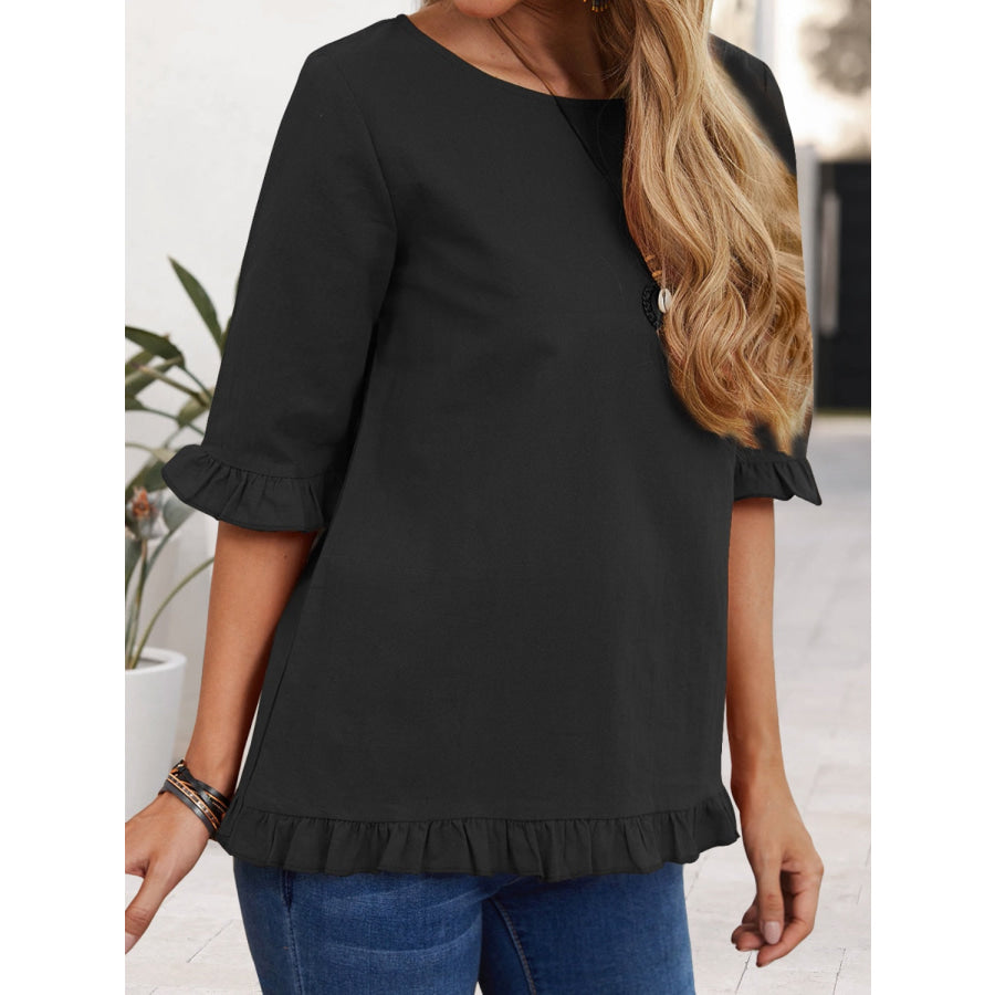 Ruffled Round Neck Half Sleeve Blouse Apparel and Accessories