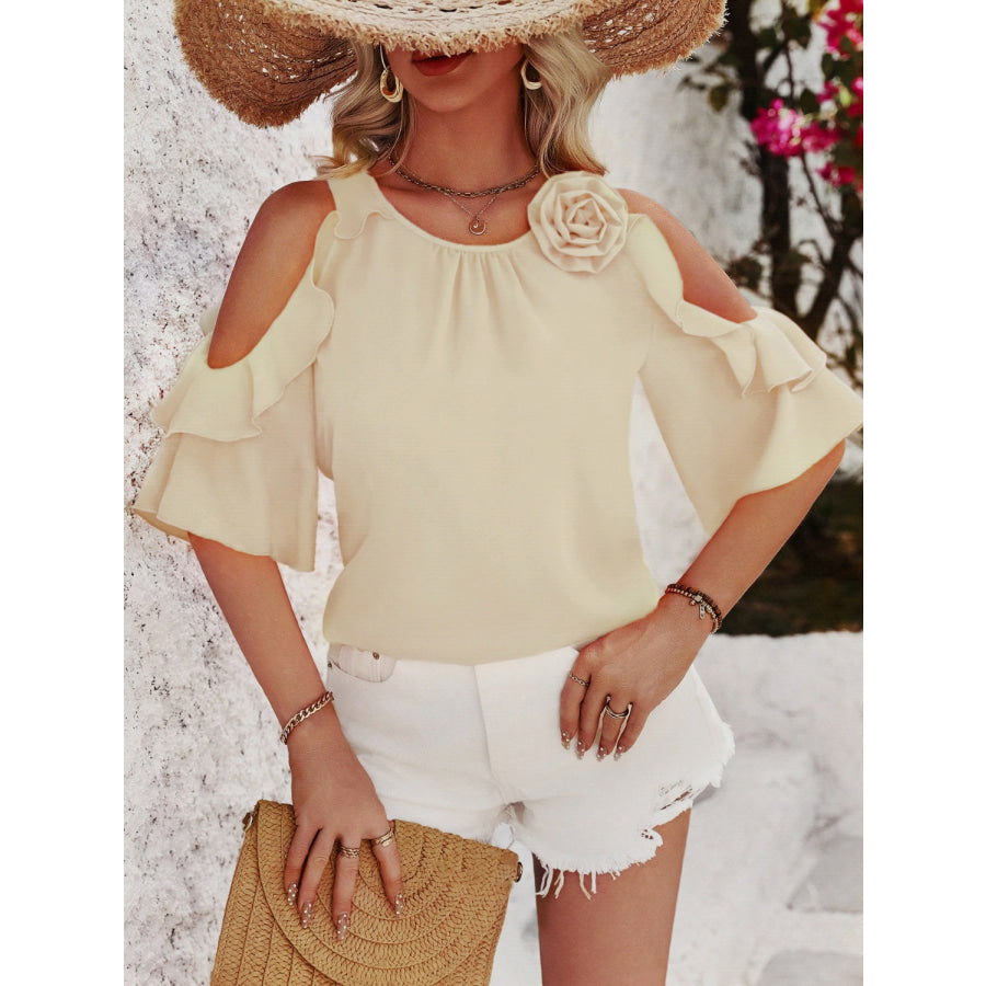 Ruffled Round Neck Half Sleeve Blouse Apparel and Accessories