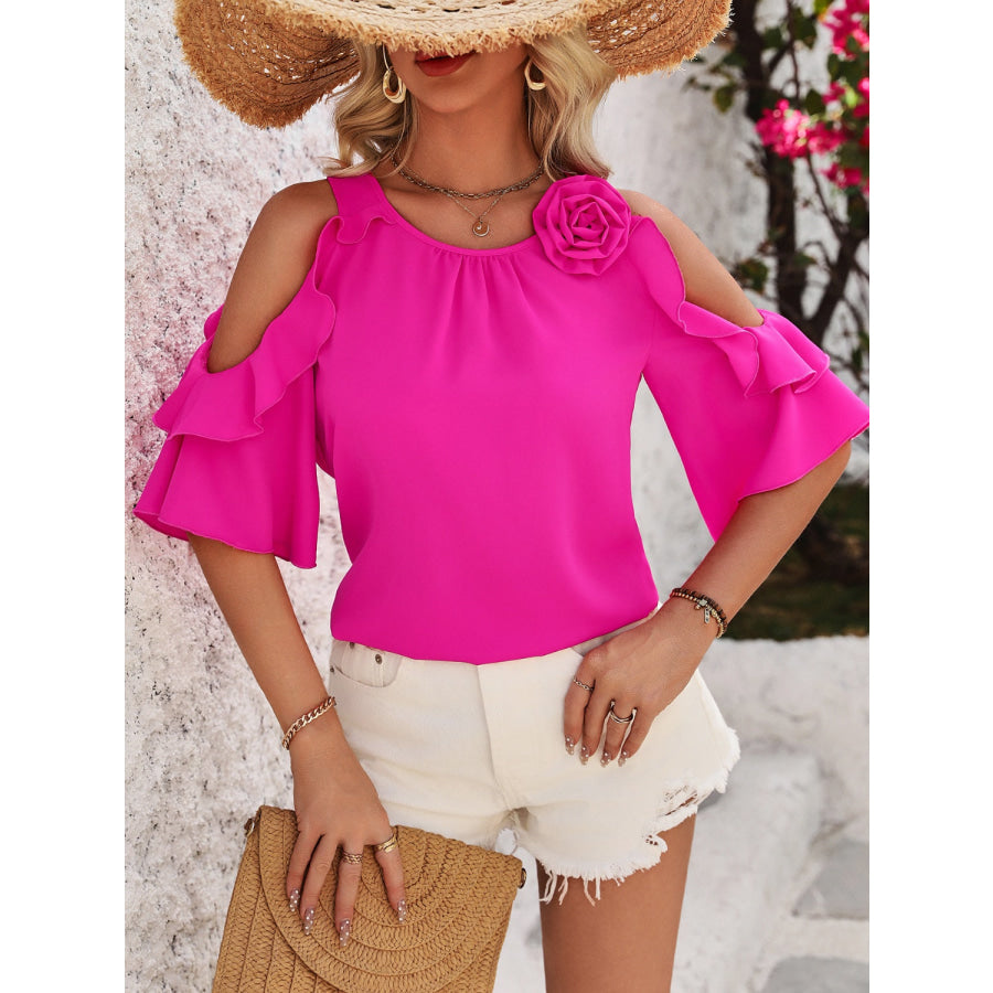 Ruffled Round Neck Half Sleeve Blouse Apparel and Accessories