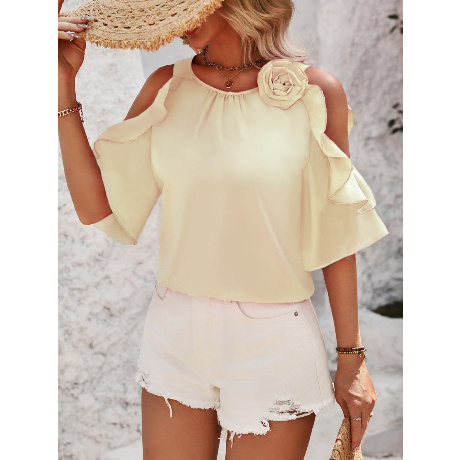 Ruffled Round Neck Half Sleeve Blouse Apparel and Accessories