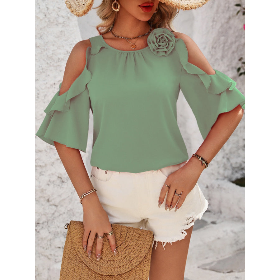 Ruffled Round Neck Half Sleeve Blouse Apparel and Accessories