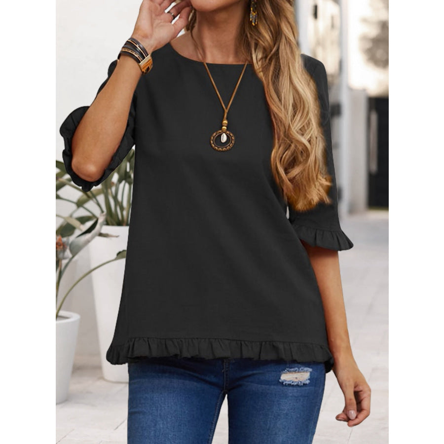 Ruffled Round Neck Half Sleeve Blouse Black / S Apparel and Accessories