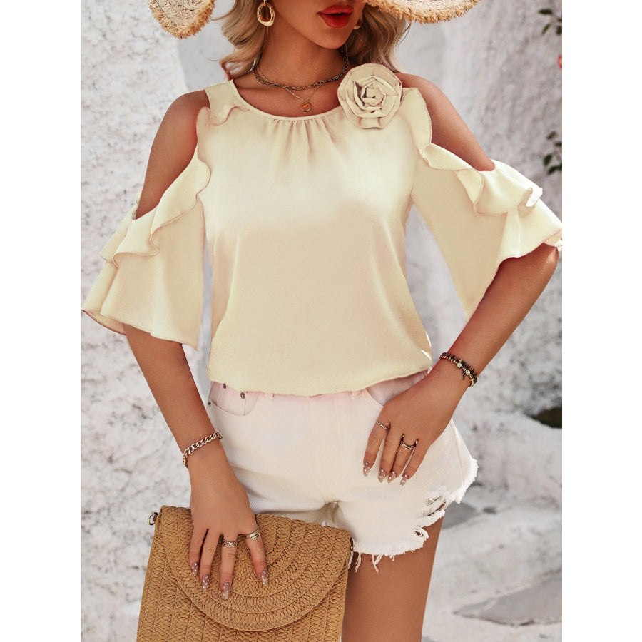 Ruffled Round Neck Half Sleeve Blouse Cream / S Apparel and Accessories