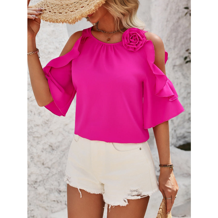 Ruffled Round Neck Half Sleeve Blouse Hot Pink / S Apparel and Accessories