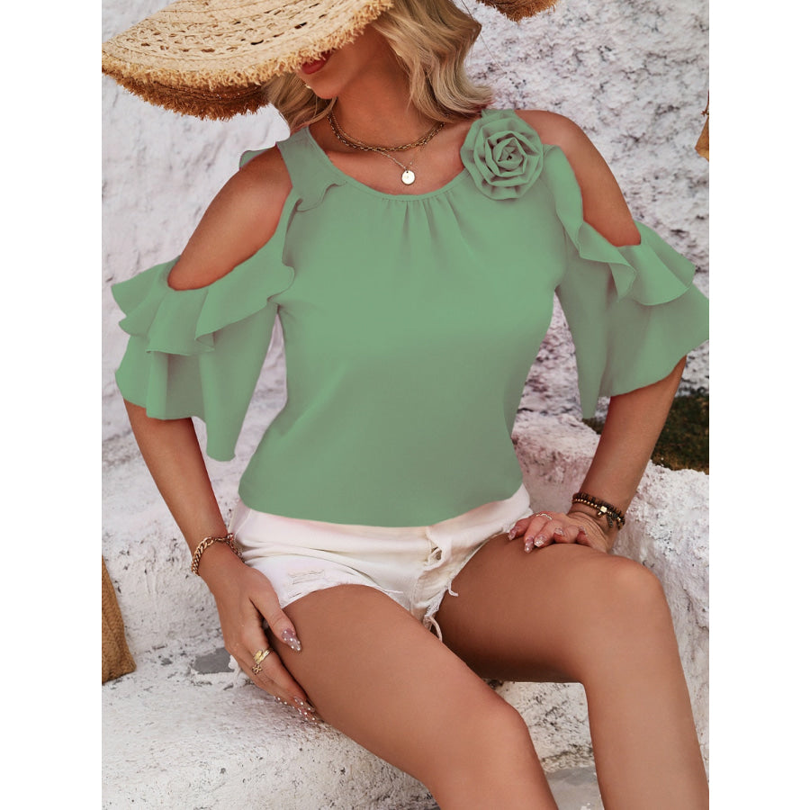 Ruffled Round Neck Half Sleeve Blouse Sage / S Apparel and Accessories