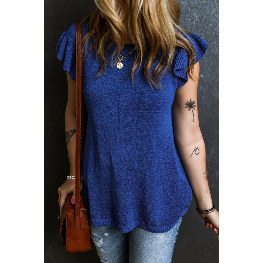 Ruffled Round Neck Knit Top Peacock Blue / S Apparel and Accessories