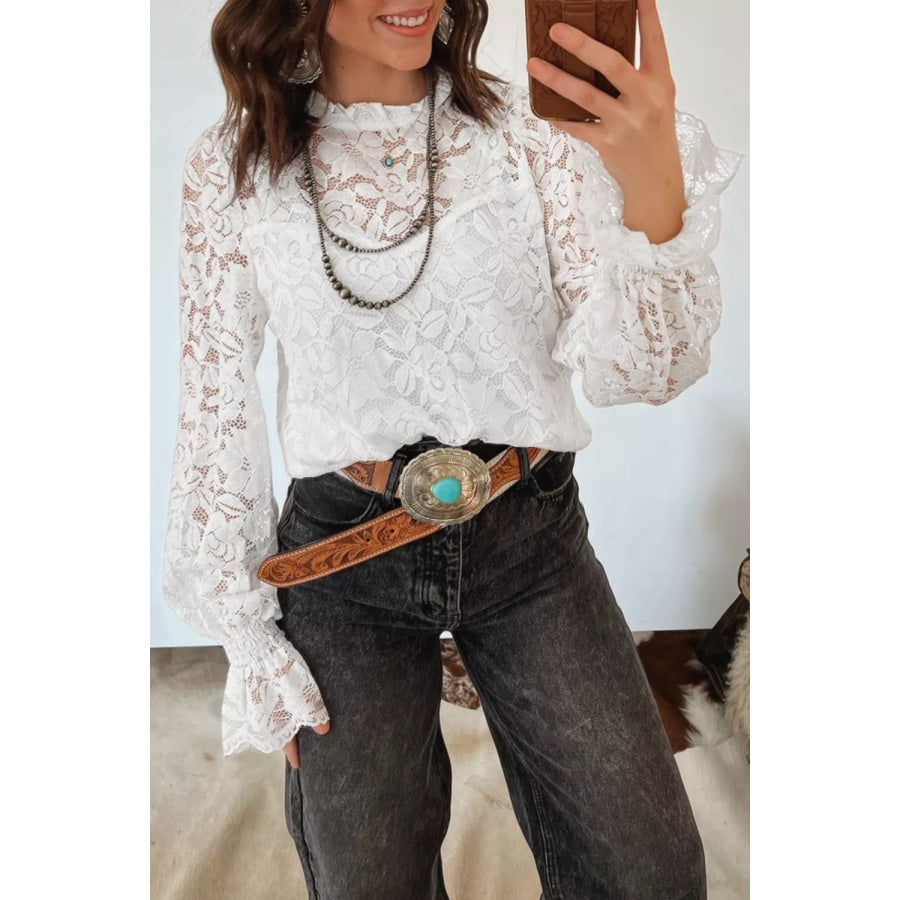 Ruffled Round Neck Long Flounce Sleeve Sheer Lace Blouse Apparel and Accessories