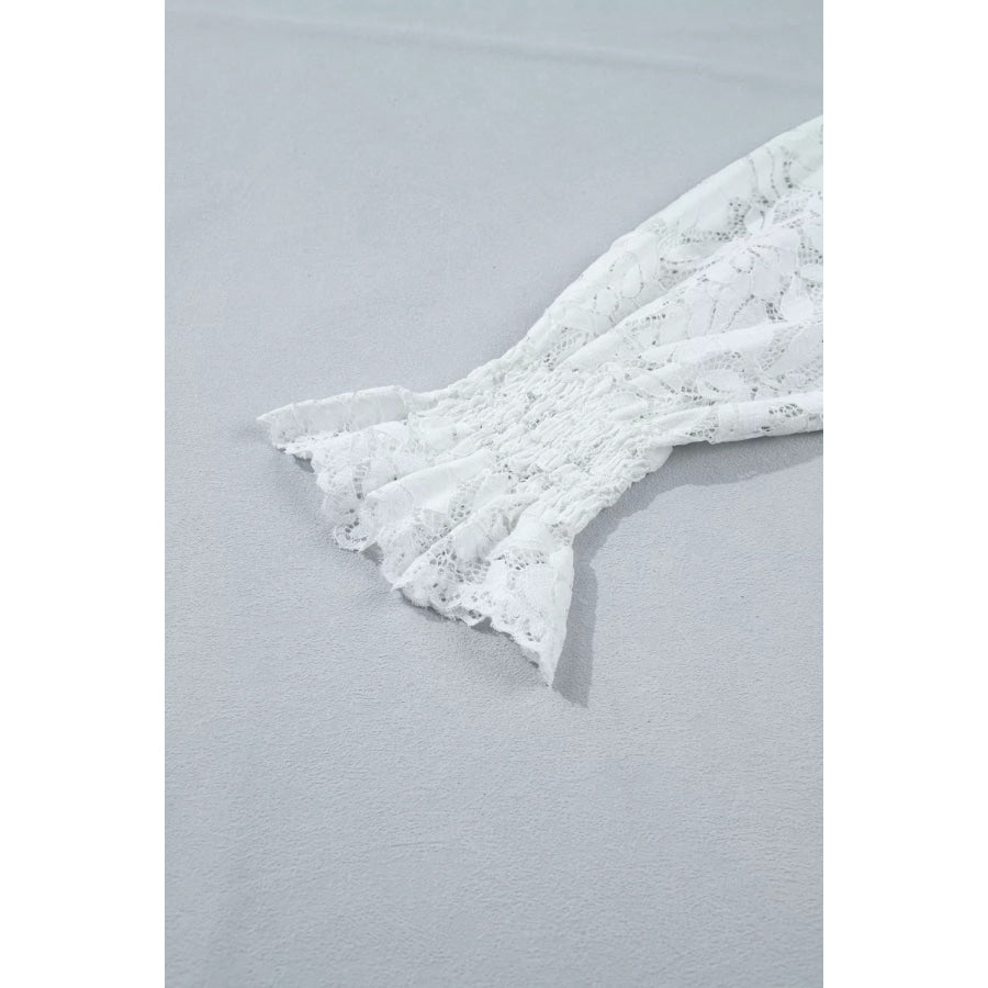Ruffled Round Neck Long Flounce Sleeve Sheer Lace Blouse Apparel and Accessories