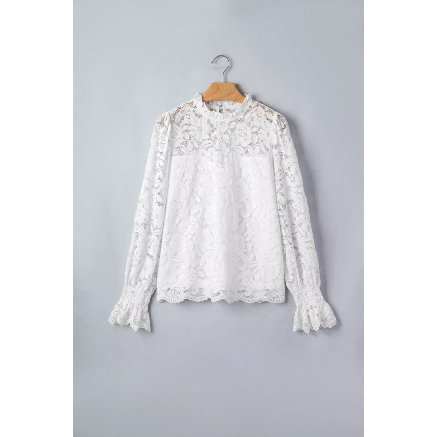 Ruffled Round Neck Long Flounce Sleeve Sheer Lace Blouse Apparel and Accessories