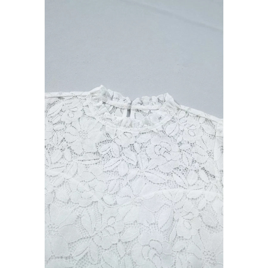 Ruffled Round Neck Long Flounce Sleeve Sheer Lace Blouse Apparel and Accessories