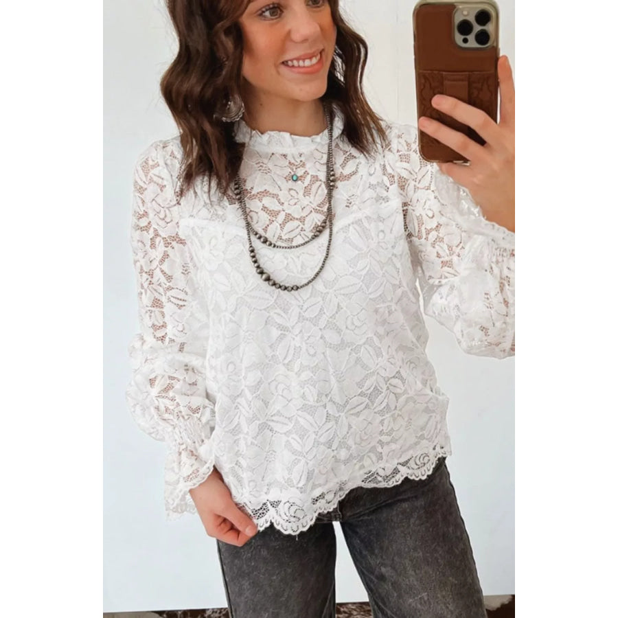 Ruffled Round Neck Long Flounce Sleeve Sheer Lace Blouse Apparel and Accessories