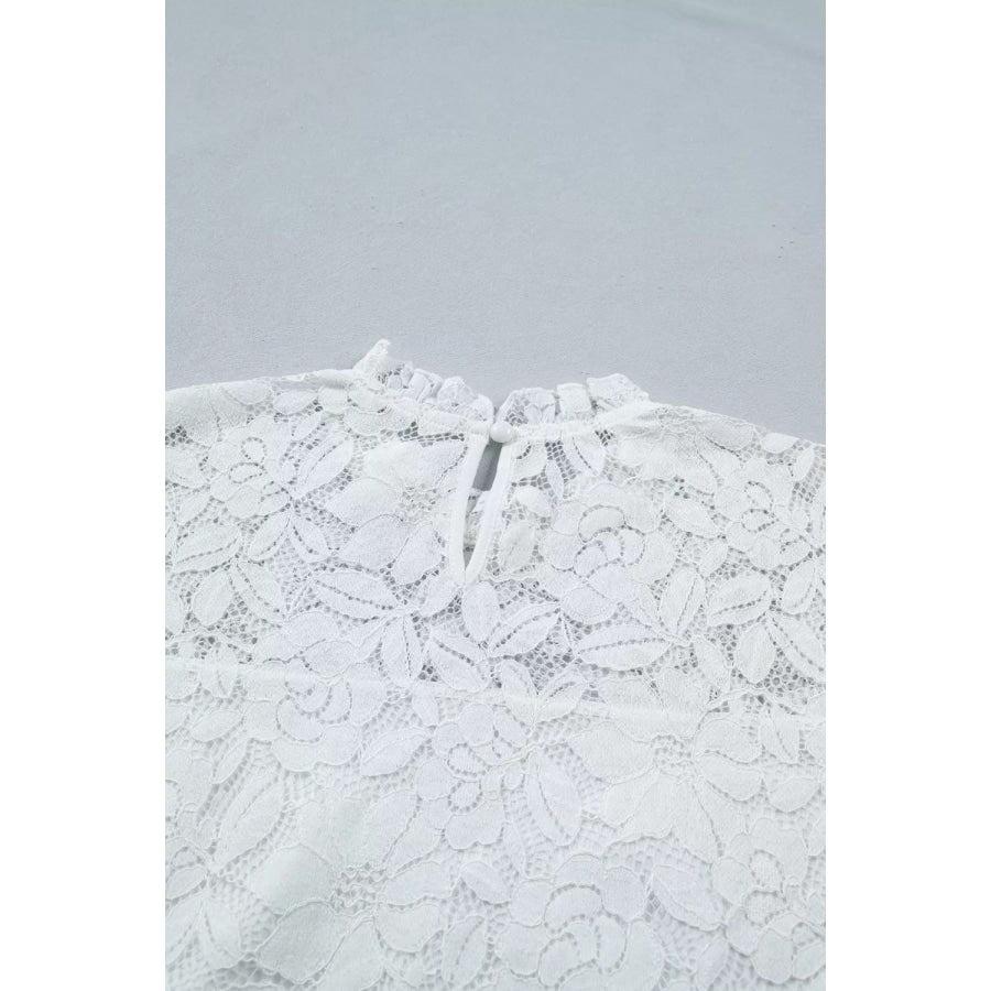 Ruffled Round Neck Long Flounce Sleeve Sheer Lace Blouse Apparel and Accessories