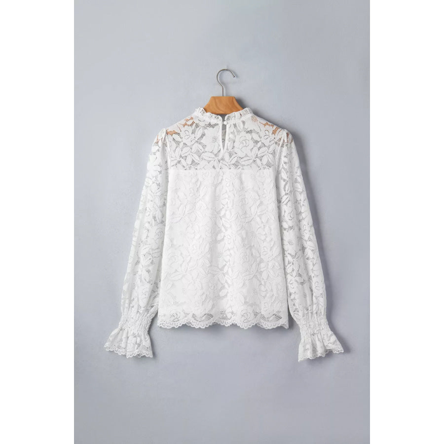 Ruffled Round Neck Long Flounce Sleeve Sheer Lace Blouse Apparel and Accessories