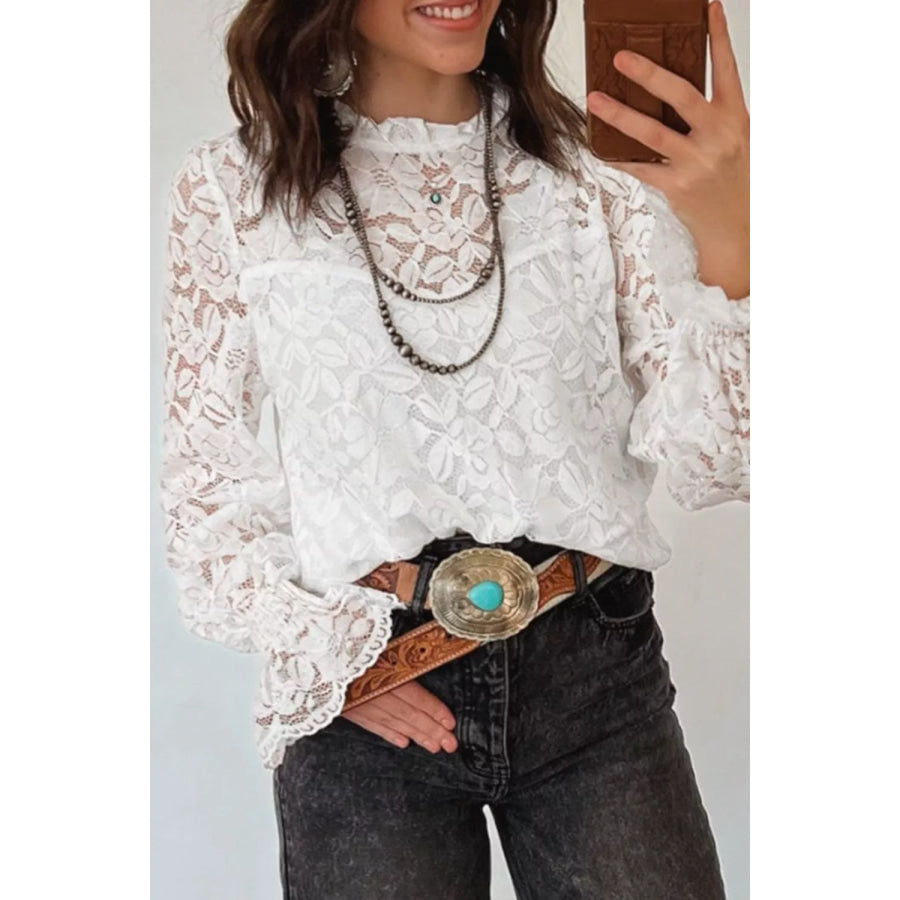 Ruffled Round Neck Long Flounce Sleeve Sheer Lace Blouse Apparel and Accessories