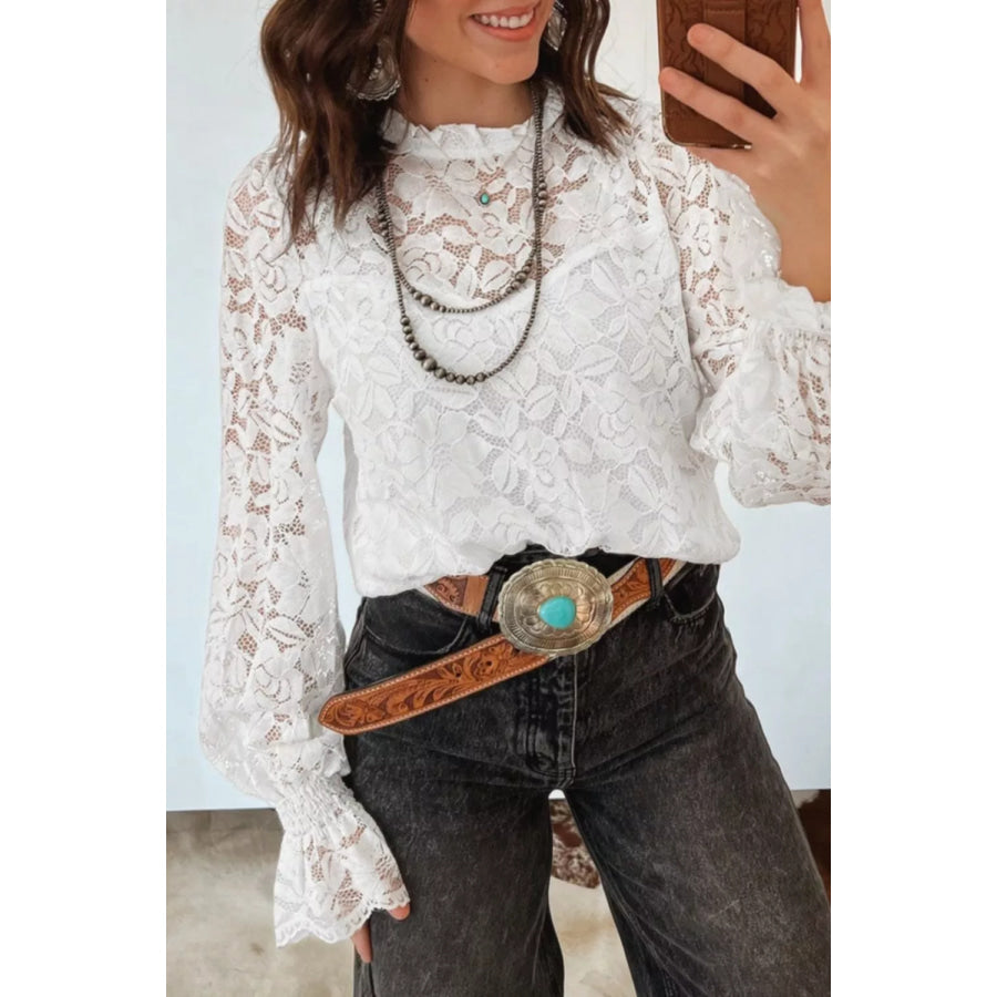 Ruffled Round Neck Long Flounce Sleeve Sheer Lace Blouse White / S Apparel and Accessories