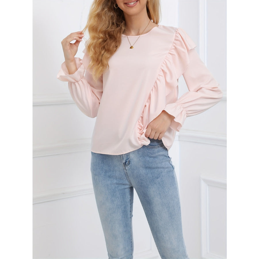 Ruffled Round Neck Long Sleeve Blouse Apparel and Accessories