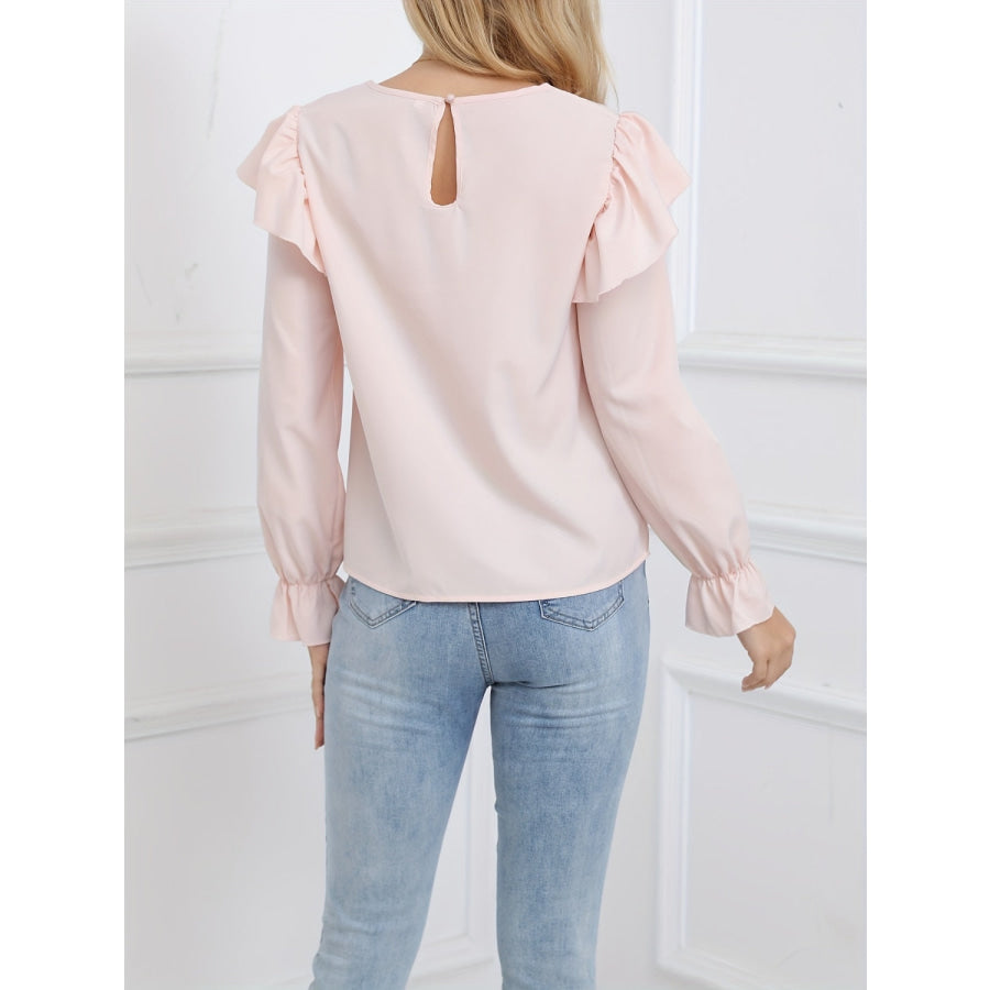 Ruffled Round Neck Long Sleeve Blouse Apparel and Accessories